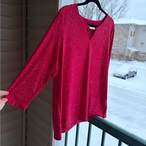 🆕🌹JM Collection Red Jacquard Knit Sparkle Top Glam Blouse Size XL Petite Large - Picture 5 of 16